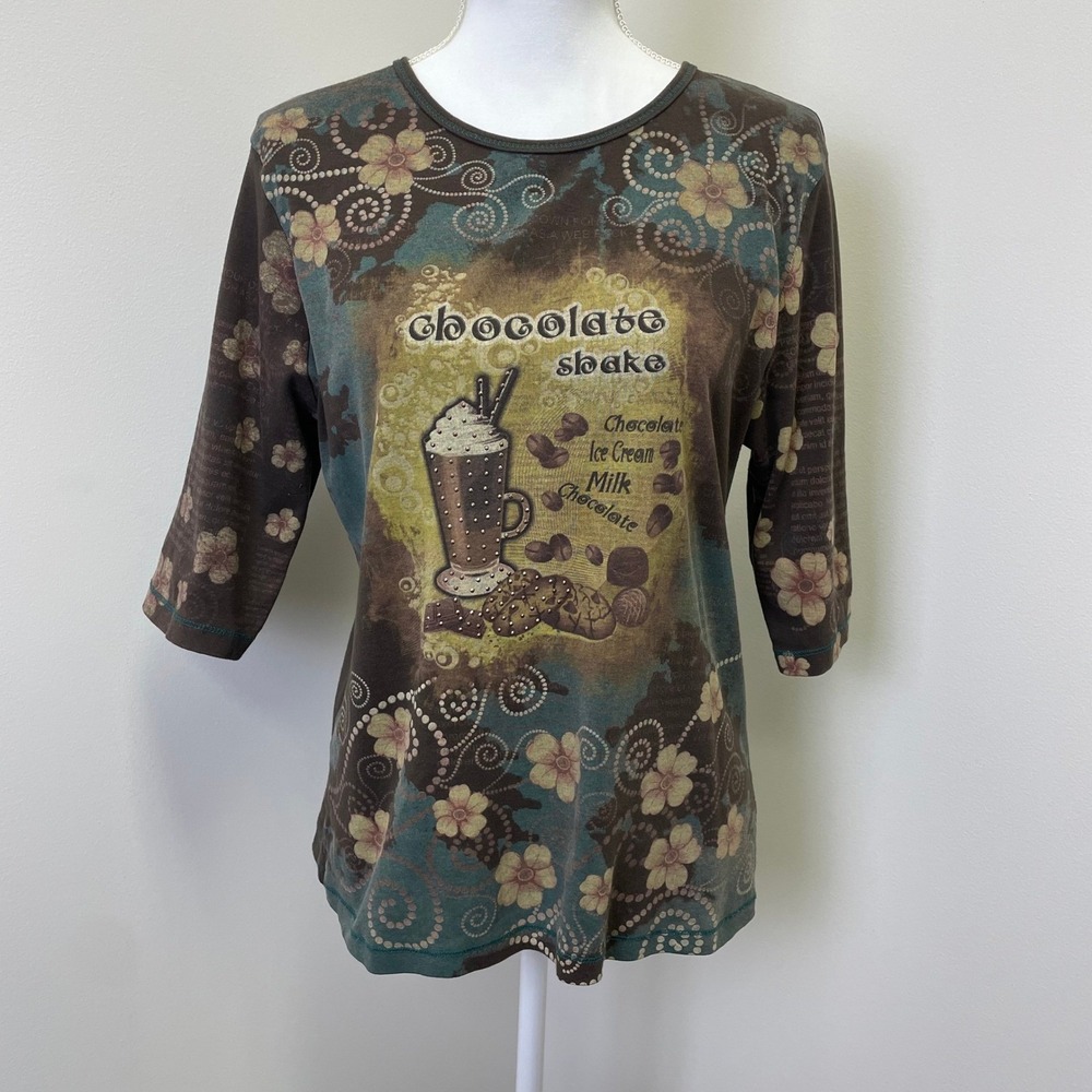 Vintage Suzi Y2K Brown Chocolate Shake Graphic Rhinestone Floral Top L Cotton
